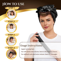 Cute N Bliss satin scarf wrap securing hair for comfortable sleep curling.