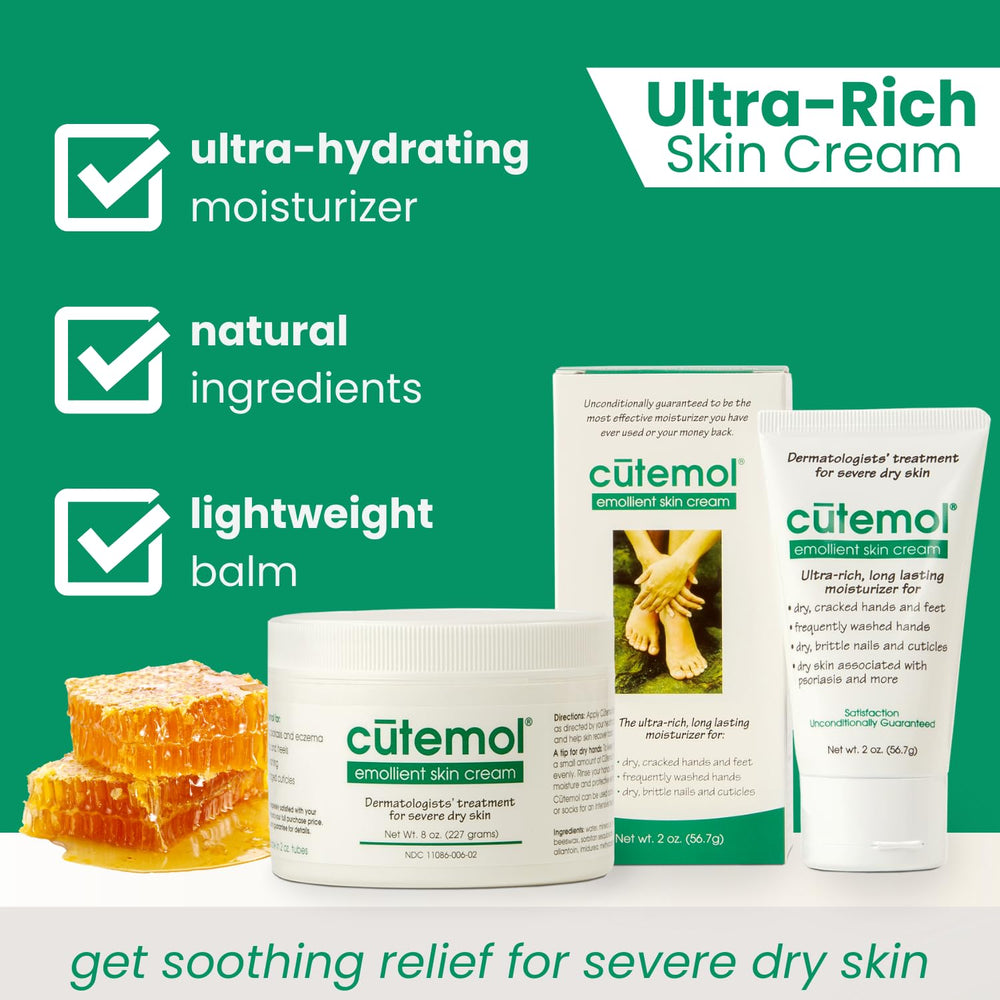 Cutemol Emollient Cream pump bottle shown for easy application on dry skin.
