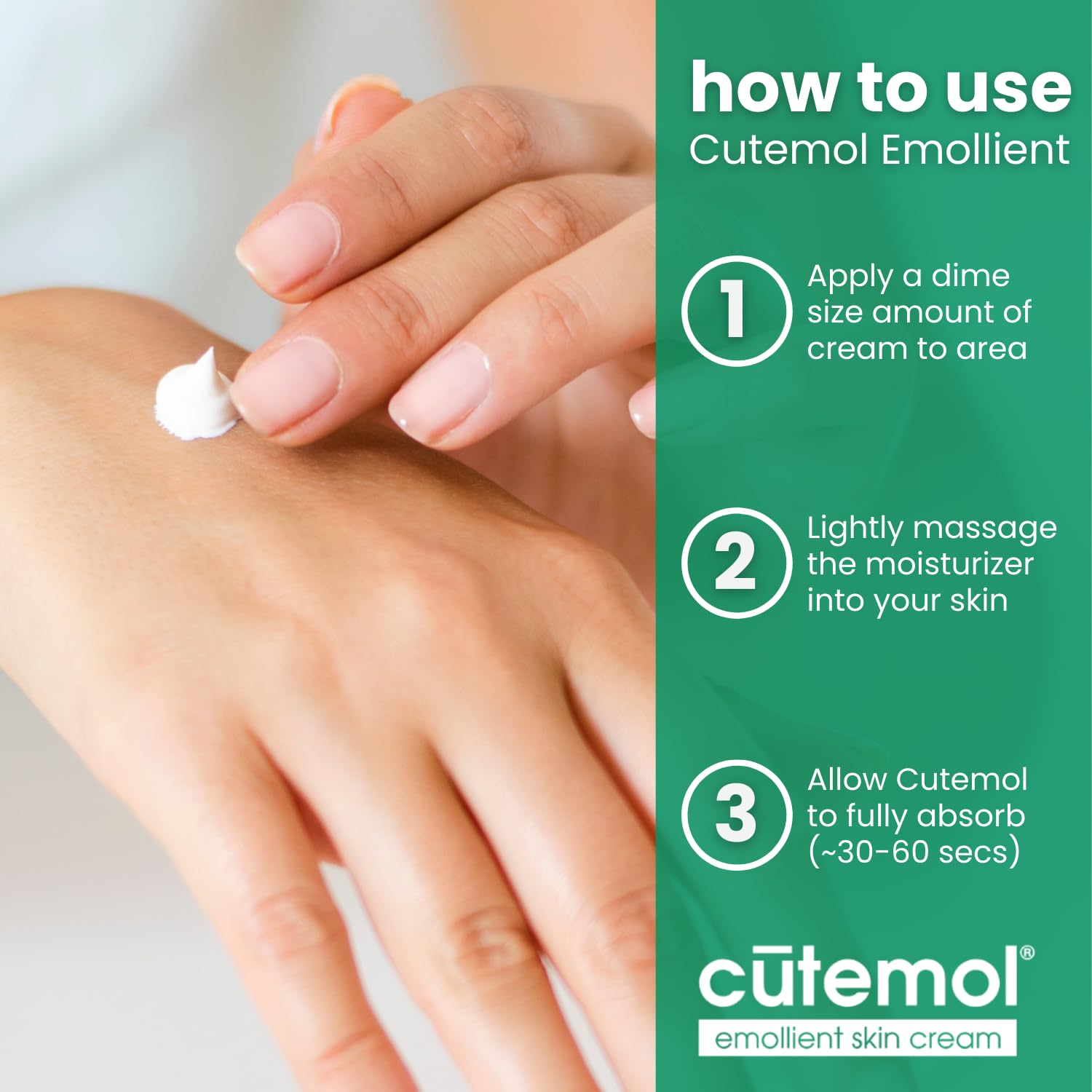 Cutemol Emollient Cream texture swatch showing rich, non-greasy absorption.
