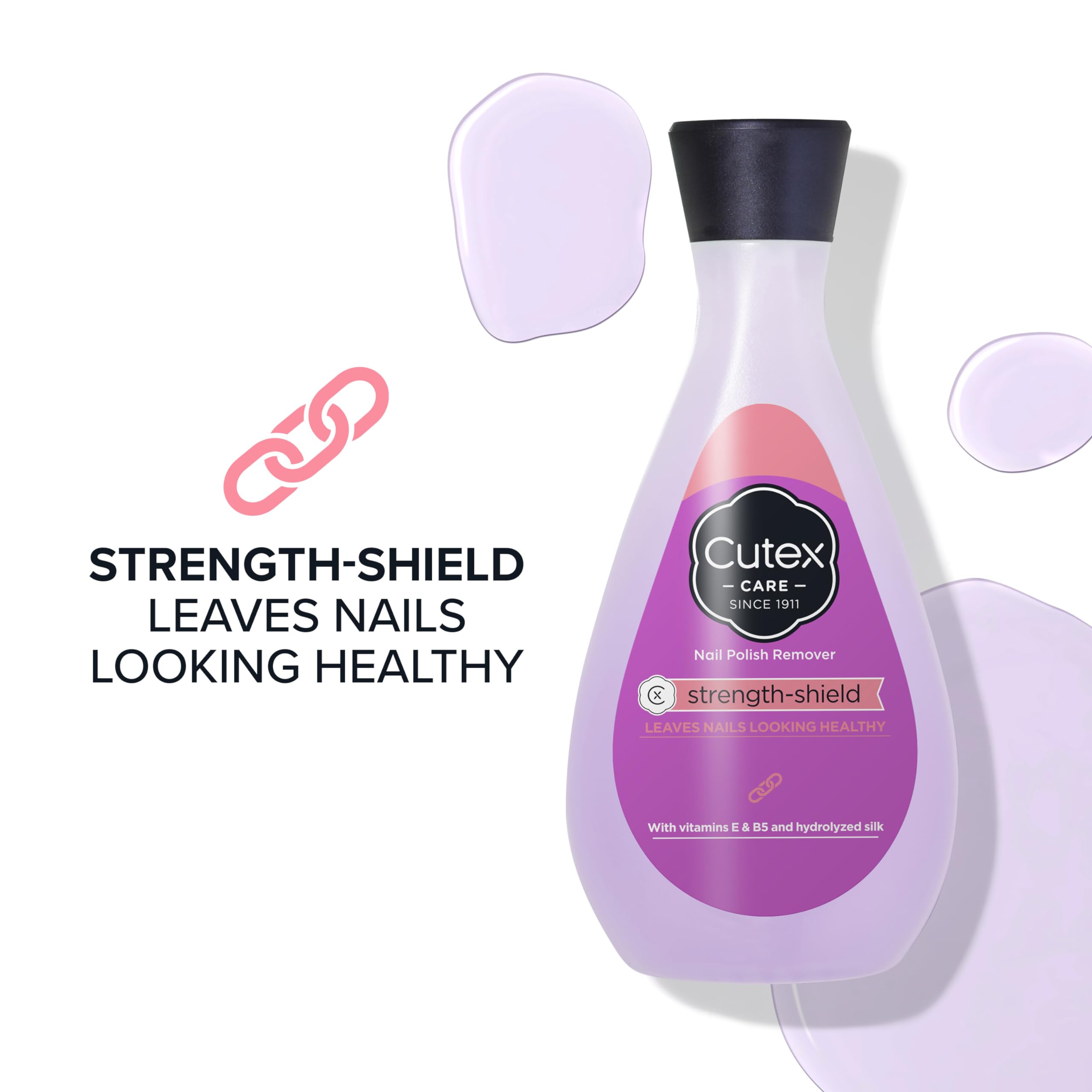 Close-up of Cutex label highlighting hydrolyzed silk and vitamins E and B5 for conditioning benefit