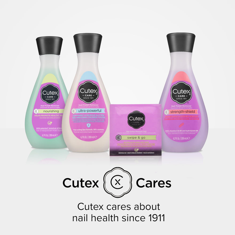 Cutex bottle beside nail tools suggesting salon-quality removal and organized routine