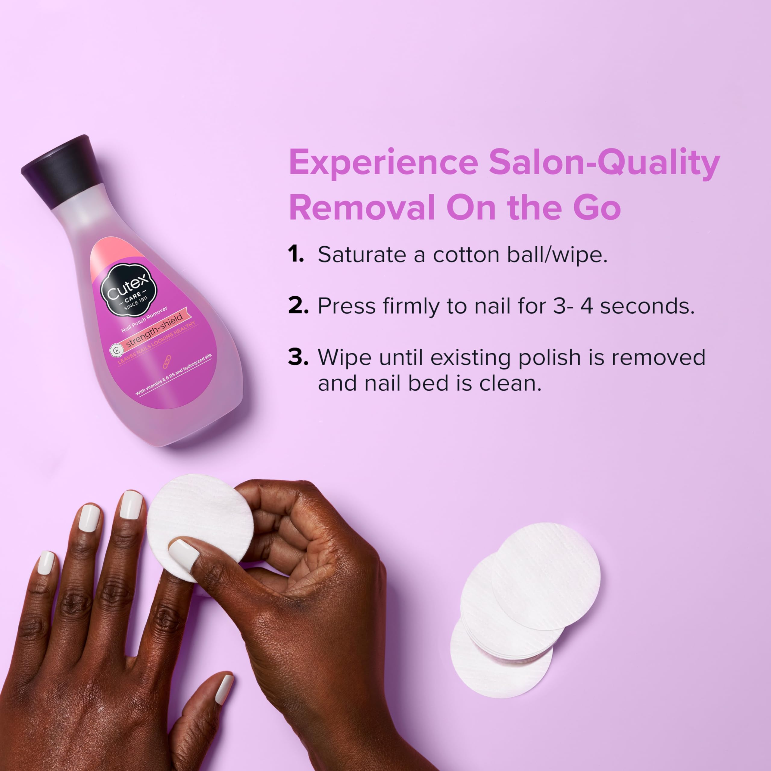 Cotton pad with remover soaked showing Cutex effectiveness and gentle application