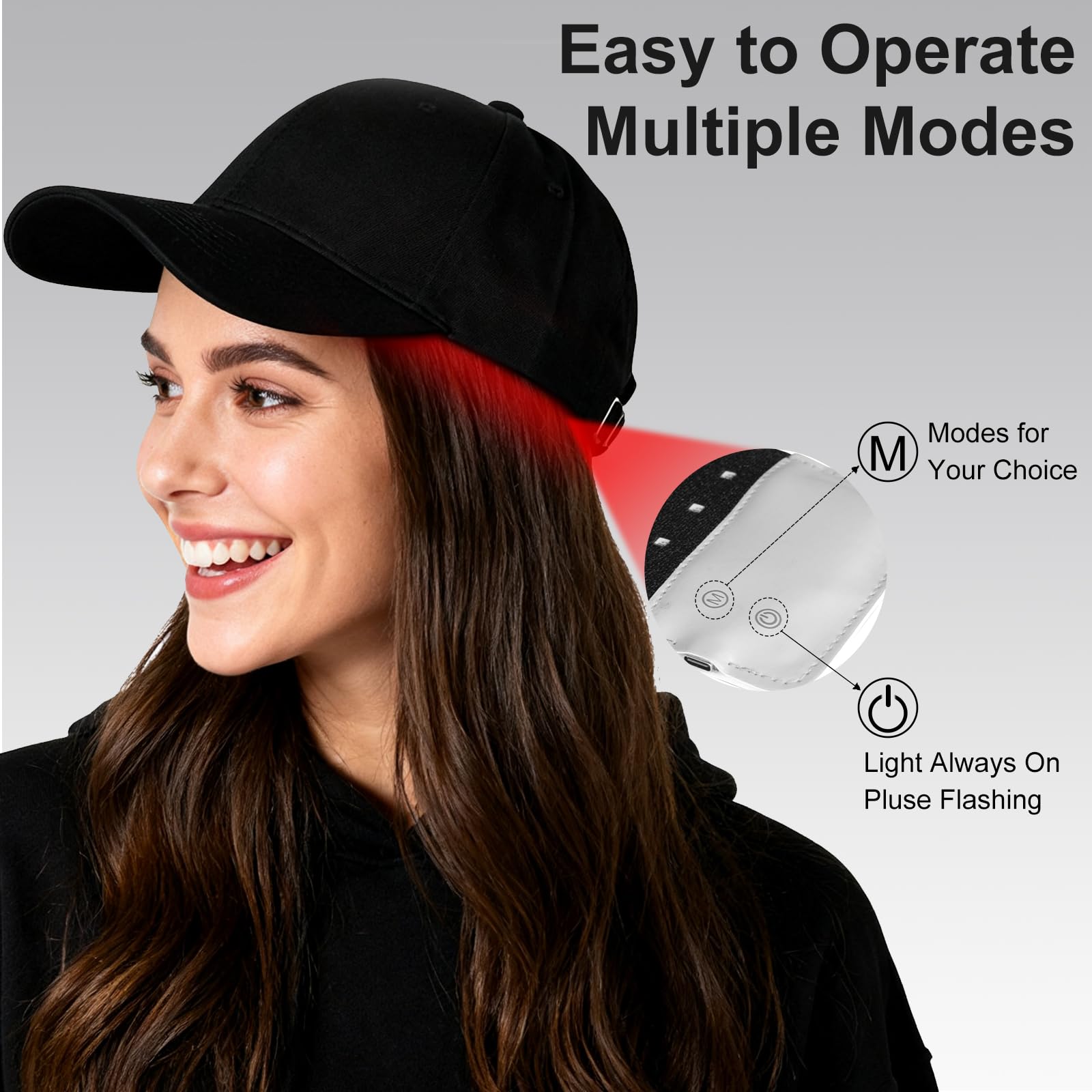 CWTUL Laser Hair Growth Cap control panel showing four therapy modes for versatile sessions