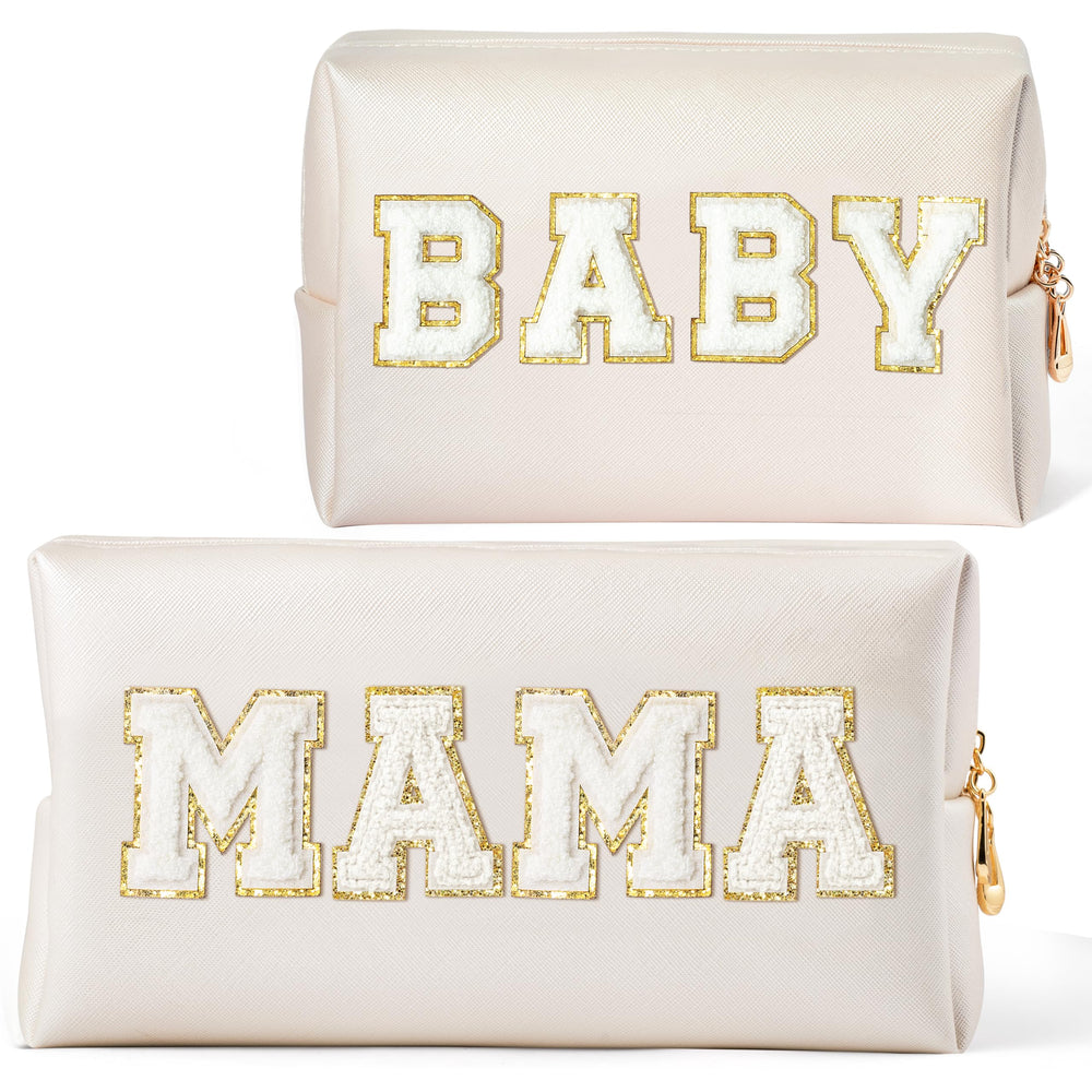 CY2SIDE MAMA and BABY makeup bags in white with chenille patches for organized travel.