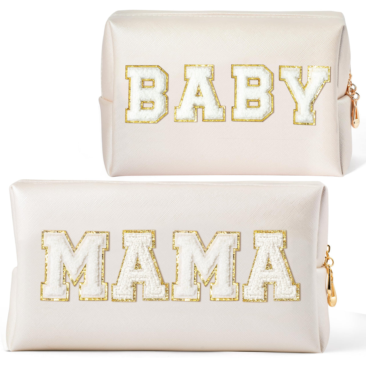CY2SIDE MAMA and BABY makeup bags in white with chenille patches for organized travel.