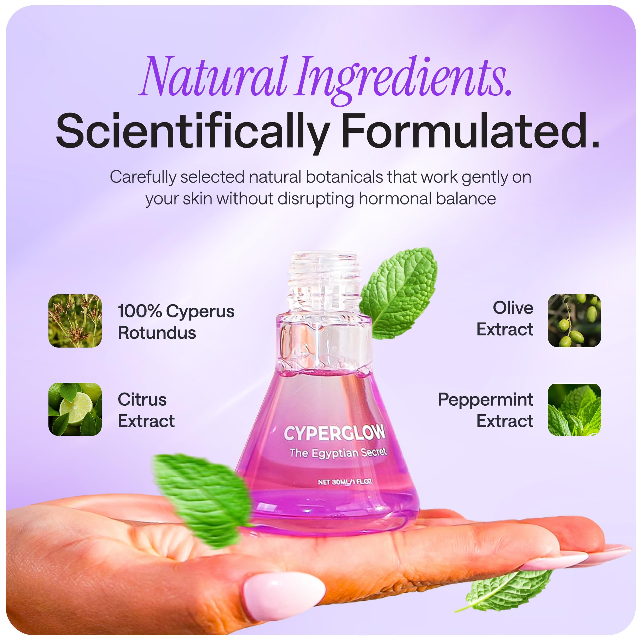 CYPERGLOW packaging with natural ingredients highlighting daily-use oil.