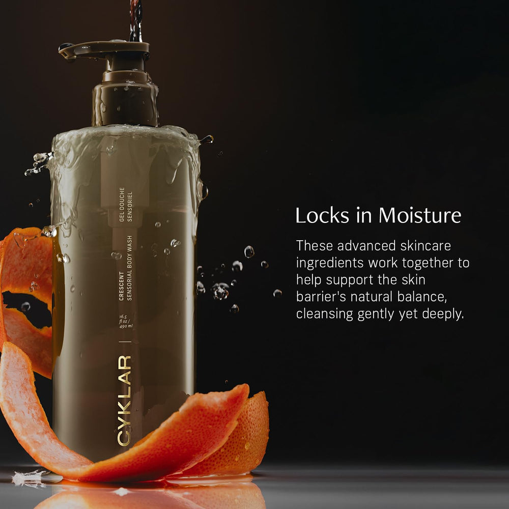 CYKLAR Bottle Label Crescent Scent highlights bergamot and cedar notes for a comforting shower ritual