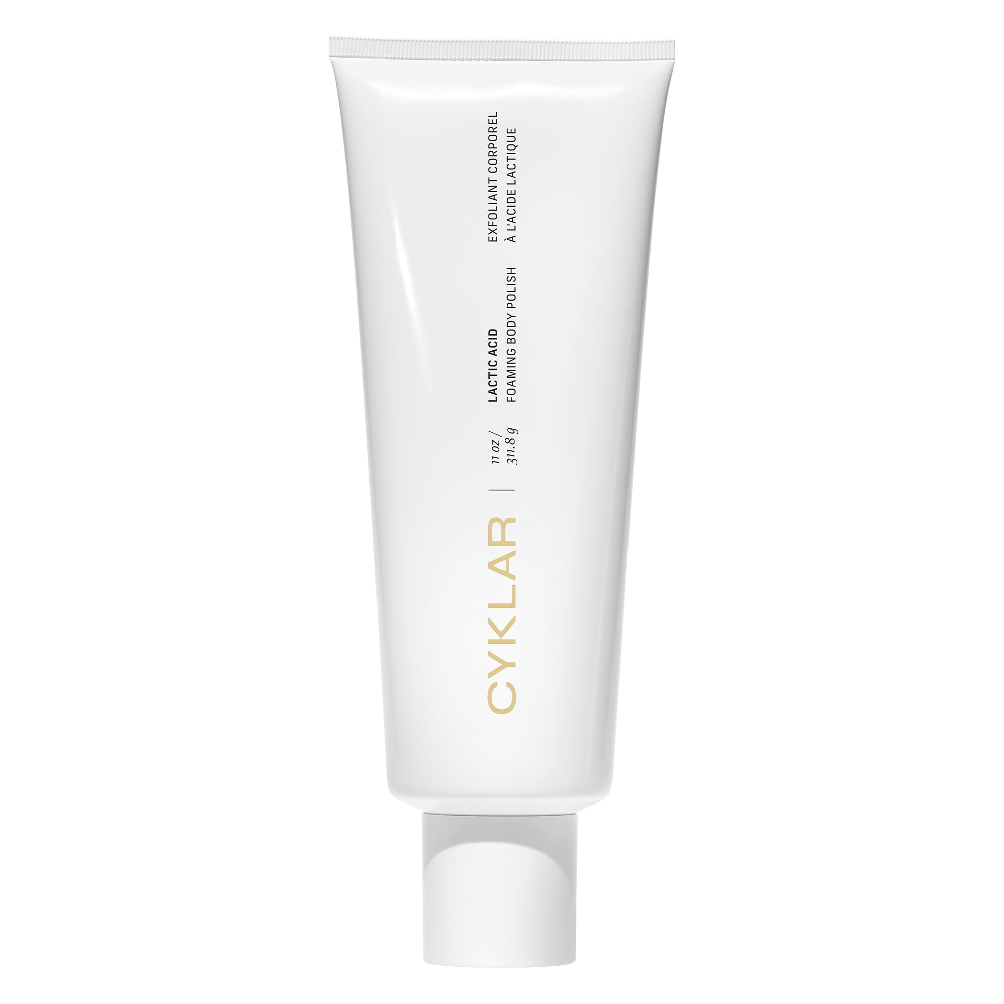 CYKLAR Cyklar lactic acid foaming body polish bottle with fragrance-free, gentle exfoliation.