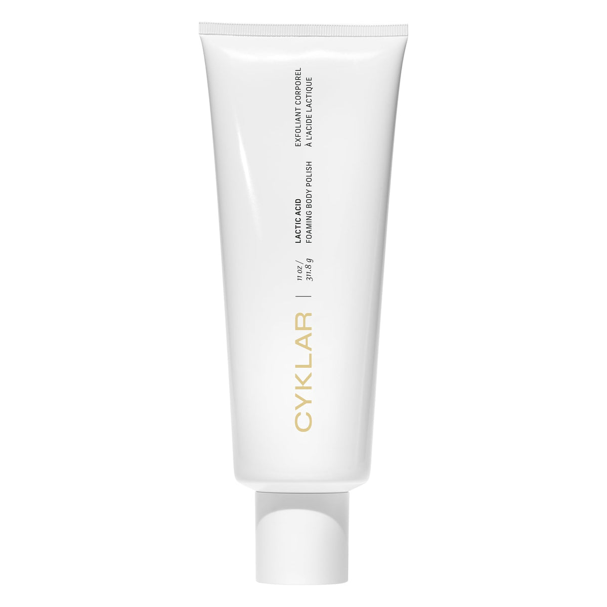 CYKLAR Cyklar lactic acid foaming body polish bottle with fragrance-free, gentle exfoliation.