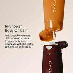 CYKLAR In-Shower Oil Balm texture melting on wet skin delivers quick hydration