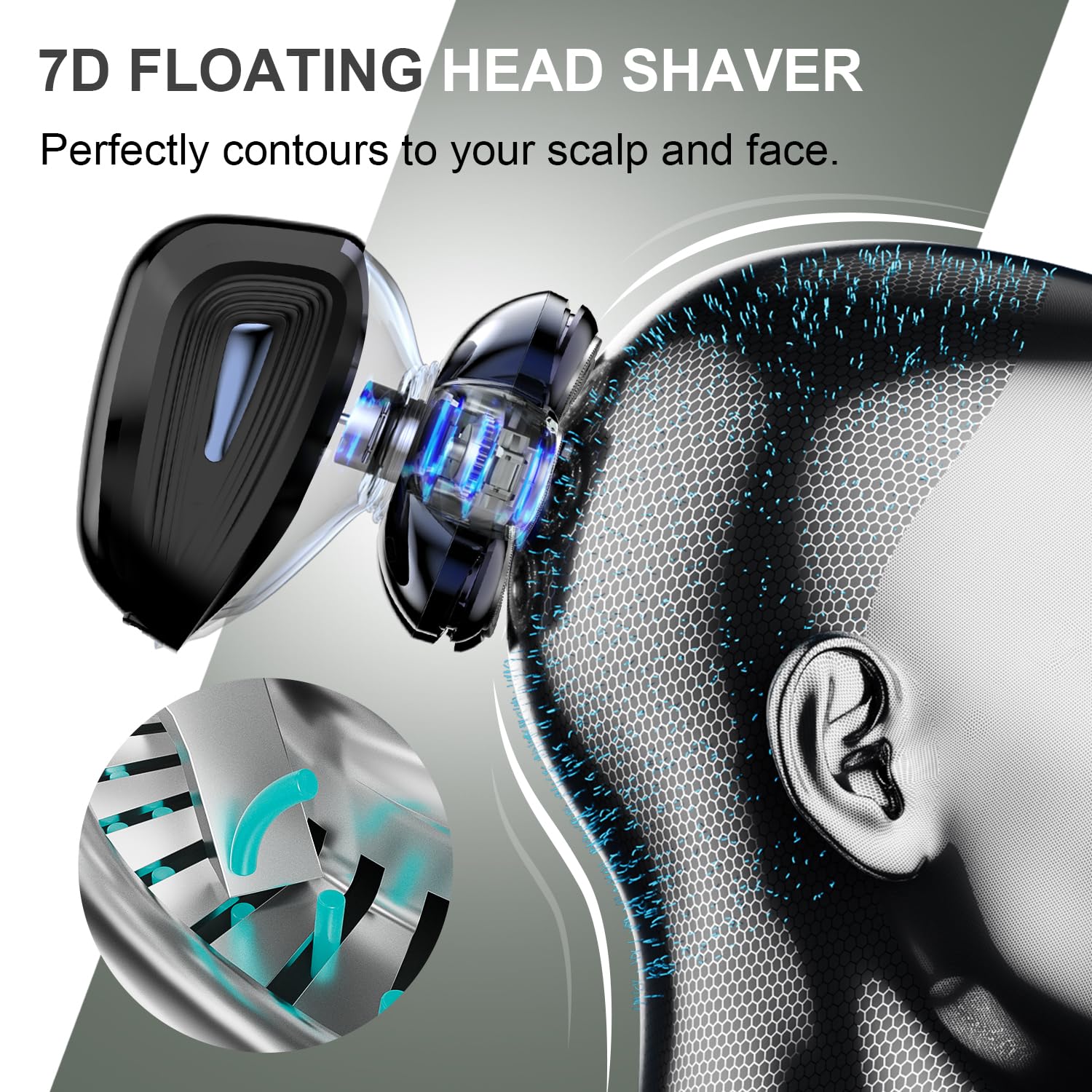 Cyruzi head shaver 7D-floating-flex technology adapts to scalp contours for a smooth shave