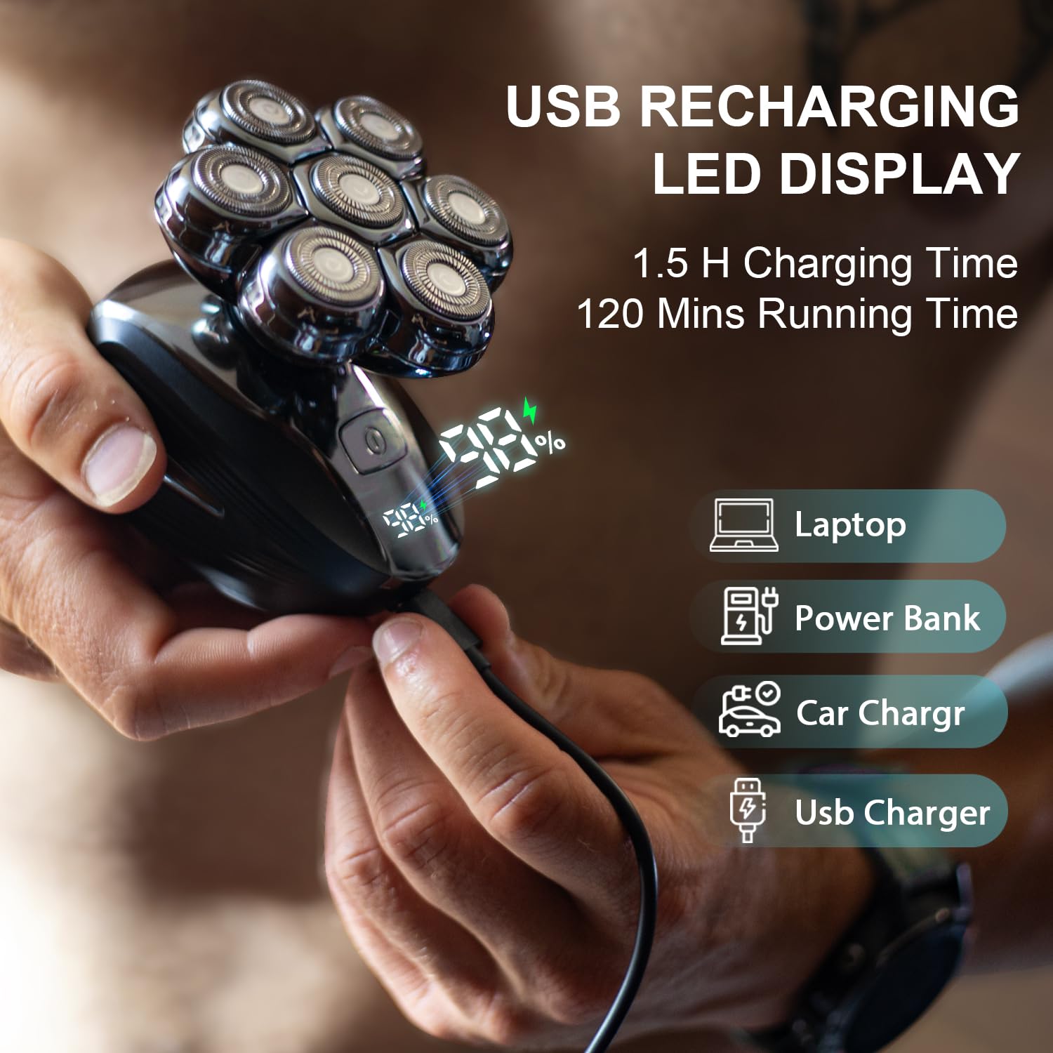 Cyruzi head shaver LED-display shows battery status for reliable power planning