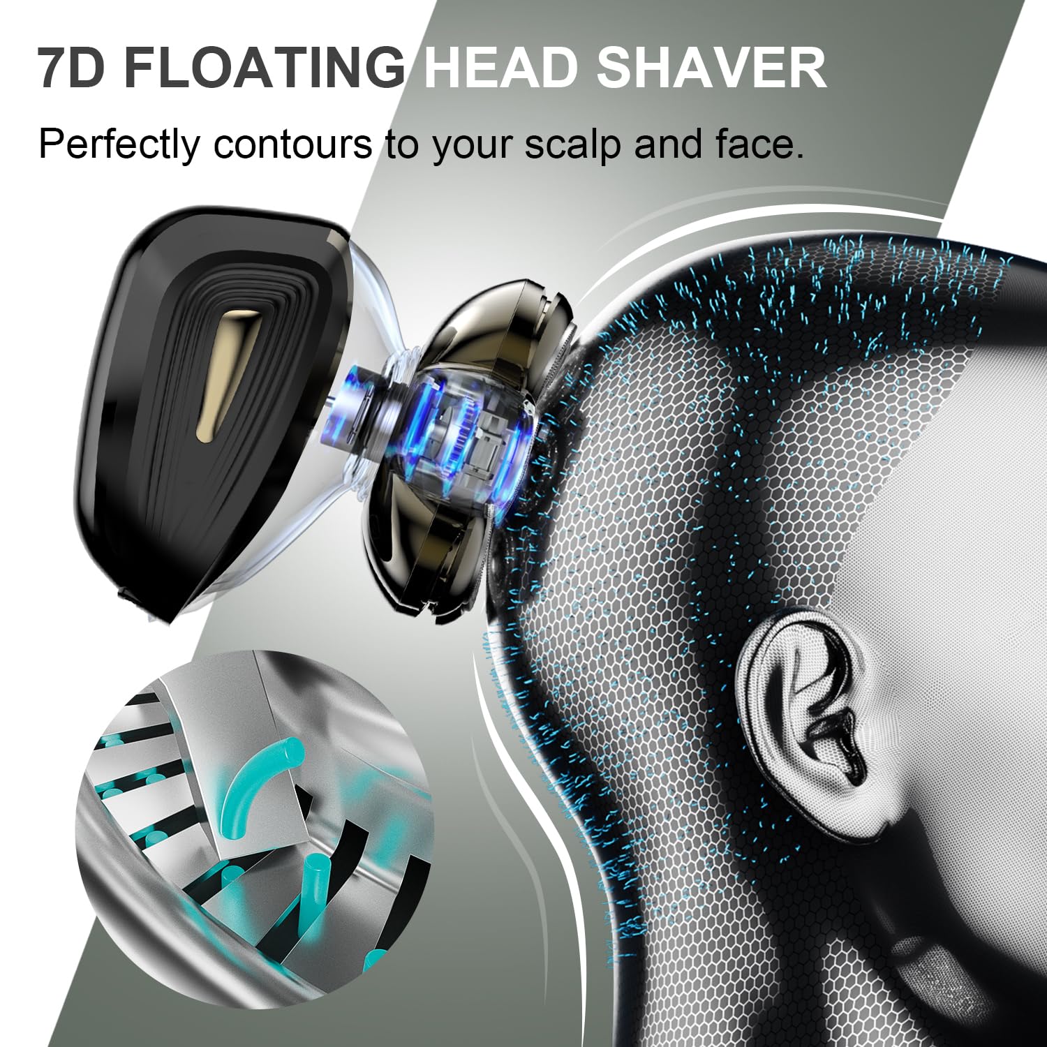 Cyruzi headshaver 7D floating flex head gliding over the scalp for precise comfort