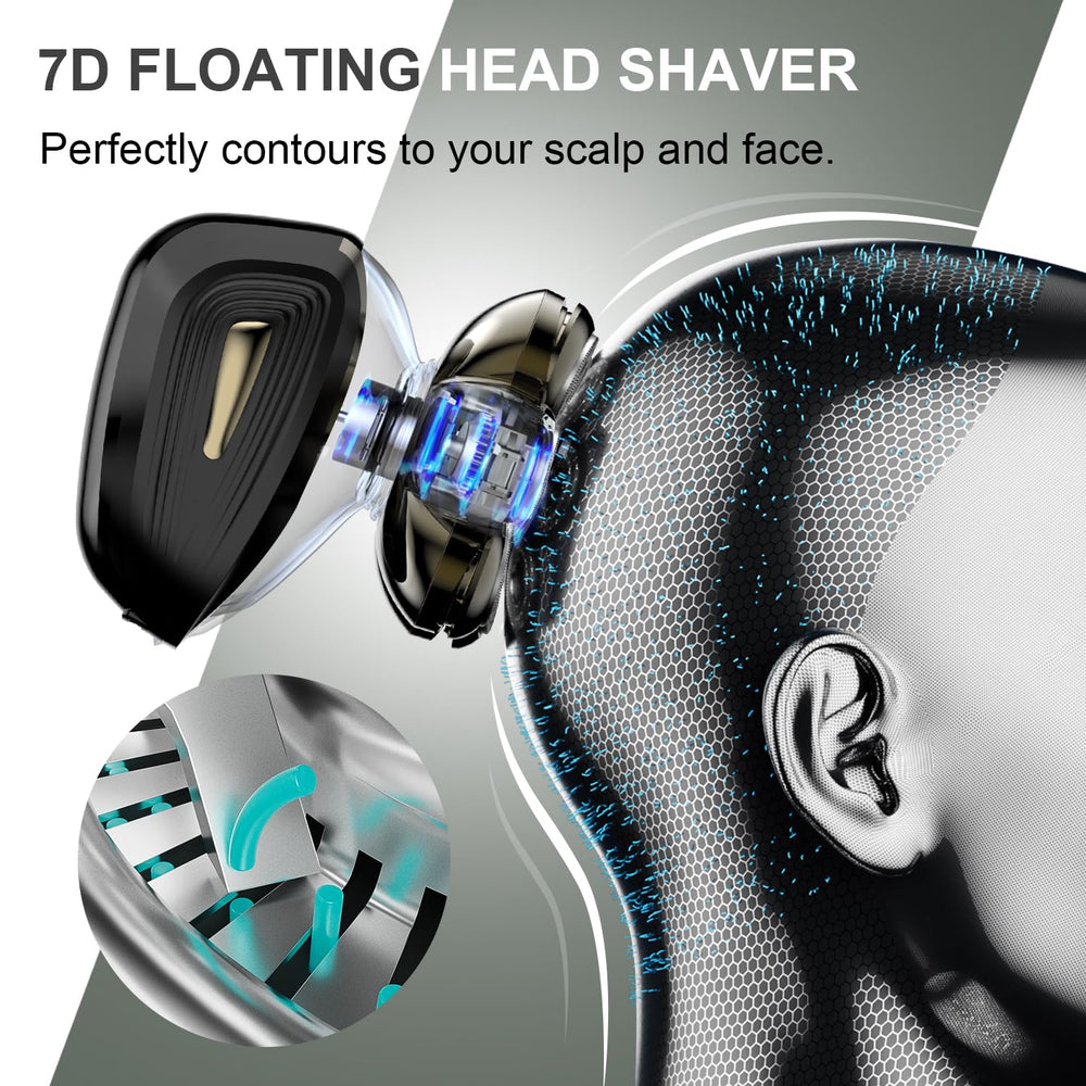 Cyruzi headshaver 7D floating flex head gliding over the scalp for precise comfort