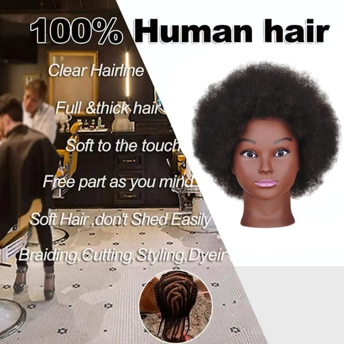 Czrleaty mannequin head features black natural-looking hair for realistic styling.