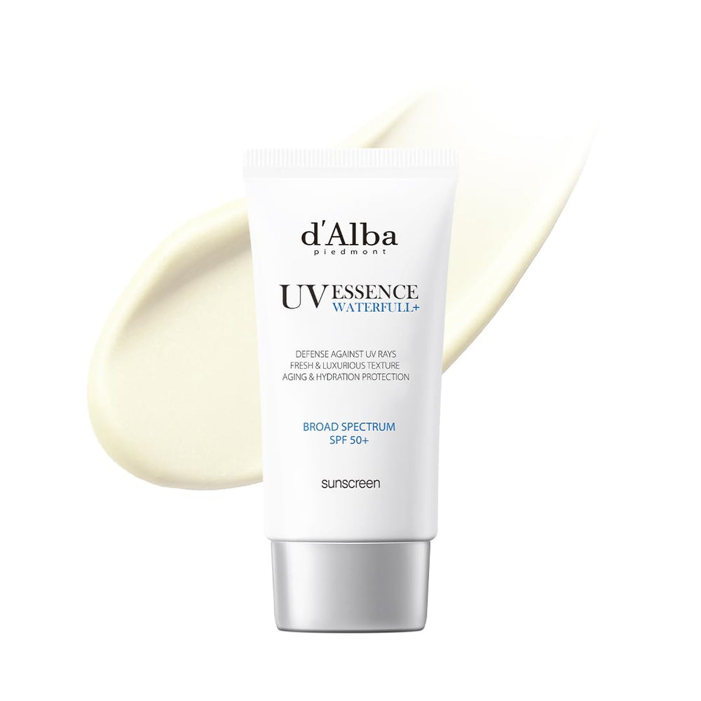 d'alba Piedmont Waterfull Essence Sunscreen bottle demonstrates all-day hydration and glow.