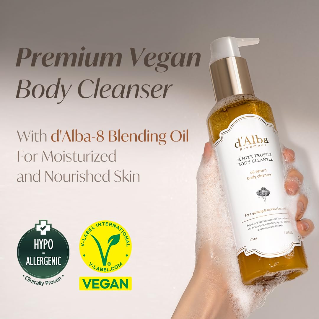 d'alba Piedmont White Truffle Oil Serum Body Cleanser closeup of ingredients highlights antioxidant blend.