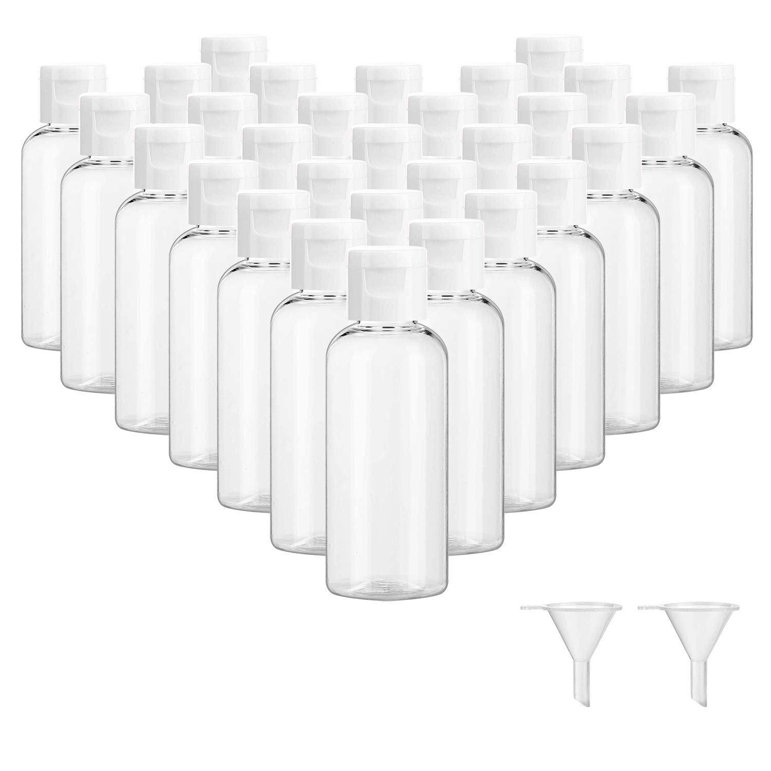 Dabacc 30pcs 2oz clear bottles with flip-cap set for travel and organization.