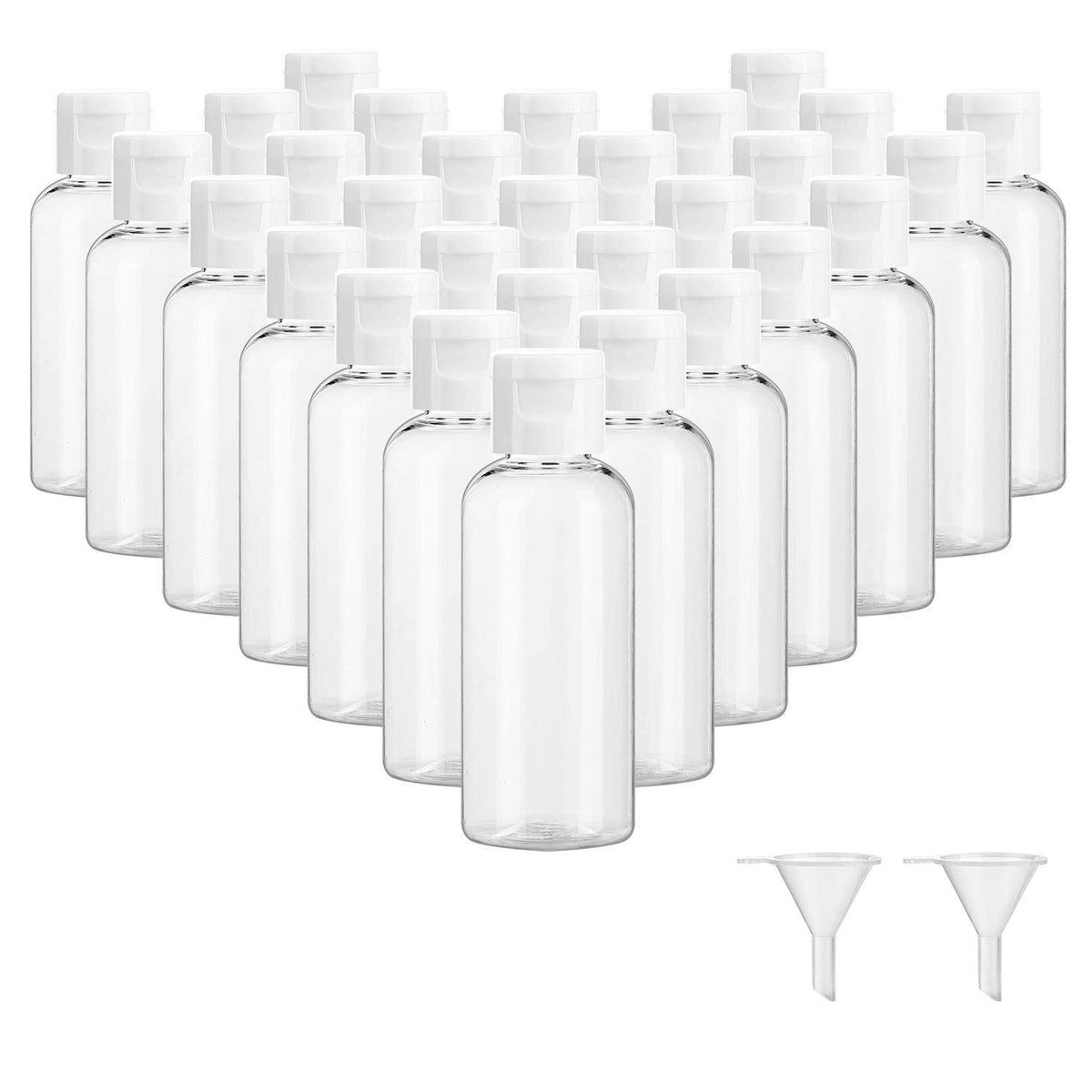 Dabacc 30pcs 2oz clear bottles with flip-cap set for travel and organization.