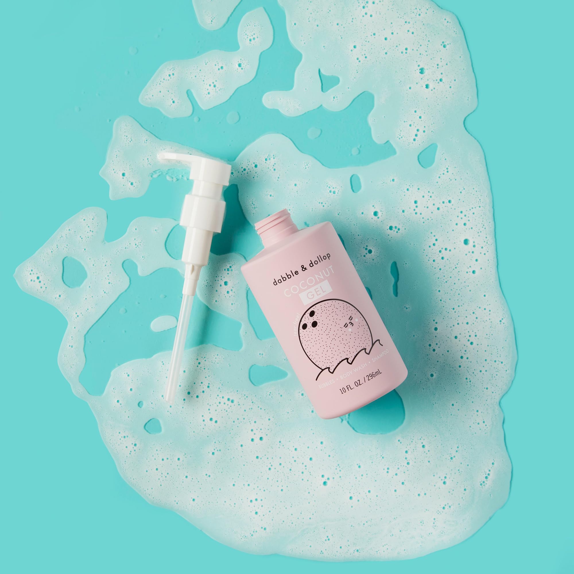 Dabble & Dollop kids bath time scene; tropical bubbles and smiles.