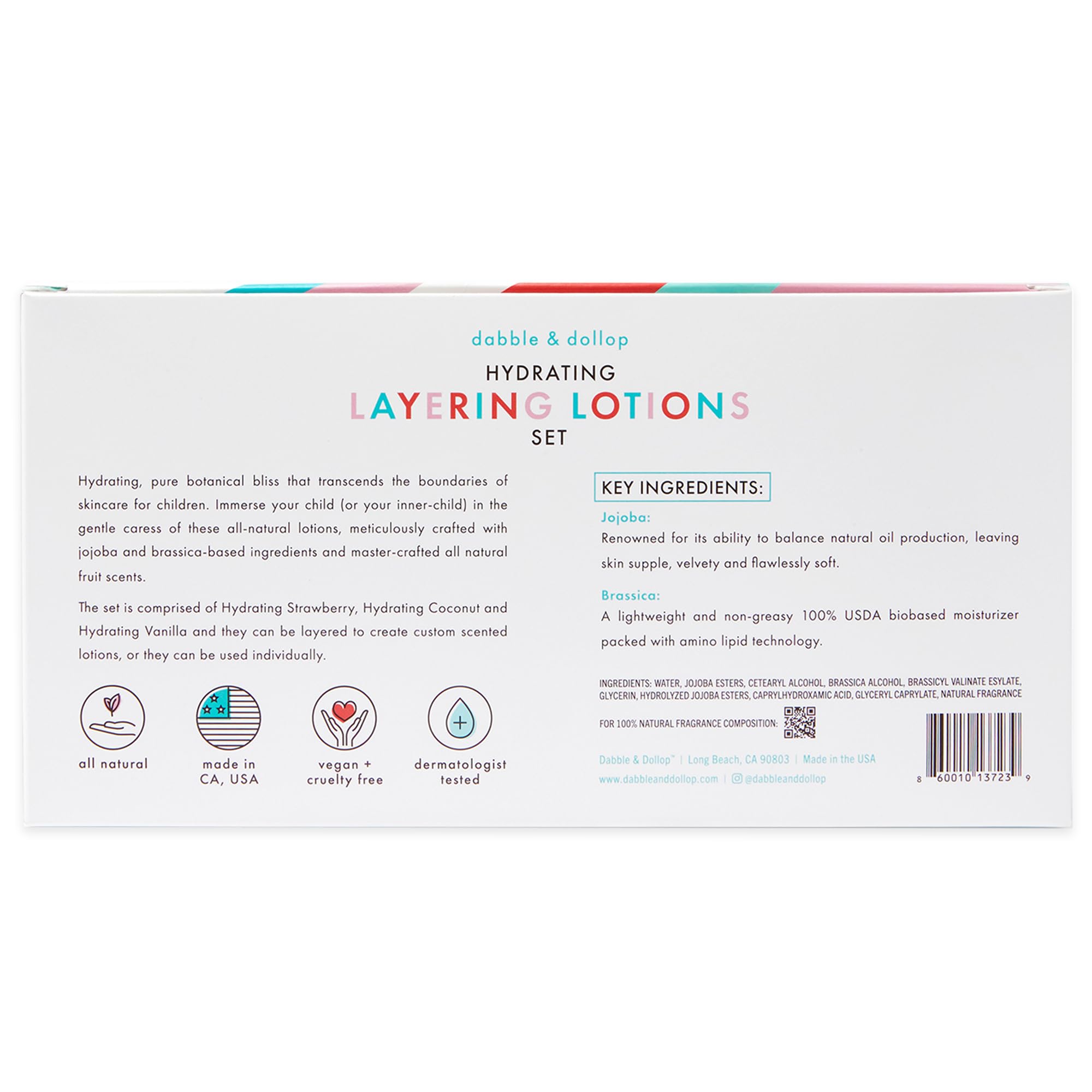 Dabble & Dollop Layering Lotion ingredients highlight jojoba and brassica for gentle moisture