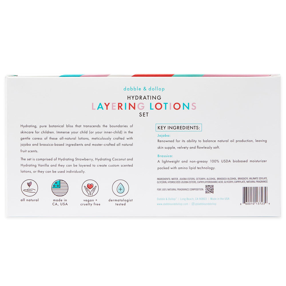 Dabble & Dollop Layering Lotion ingredients highlight jojoba and brassica for gentle moisture