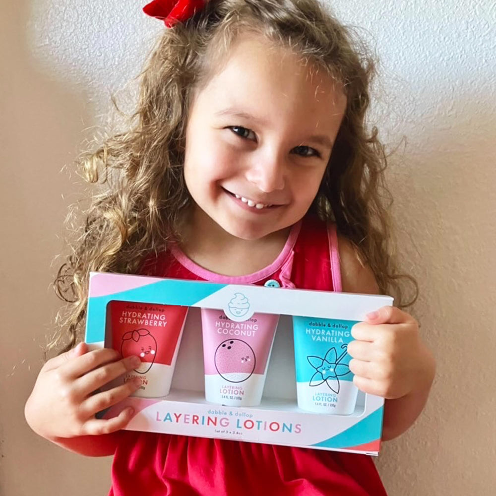 Dabble & Dollop Layering Lotion Set packaging showcasing gifting-ready skincare for kids