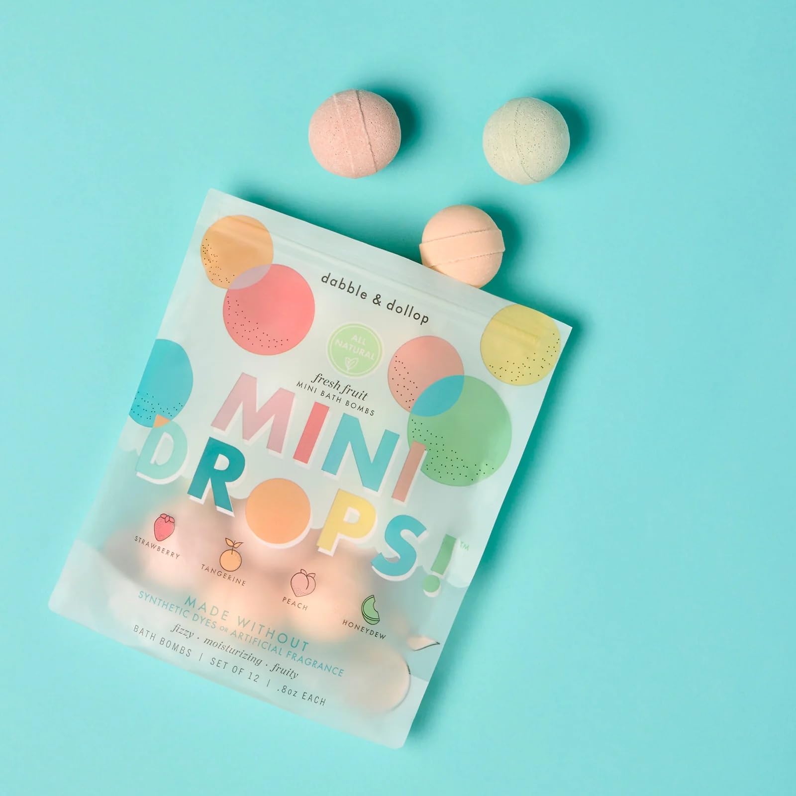 Dabble & Dollop honeydew bath bombs in pouch for fruity, hydrating bath time