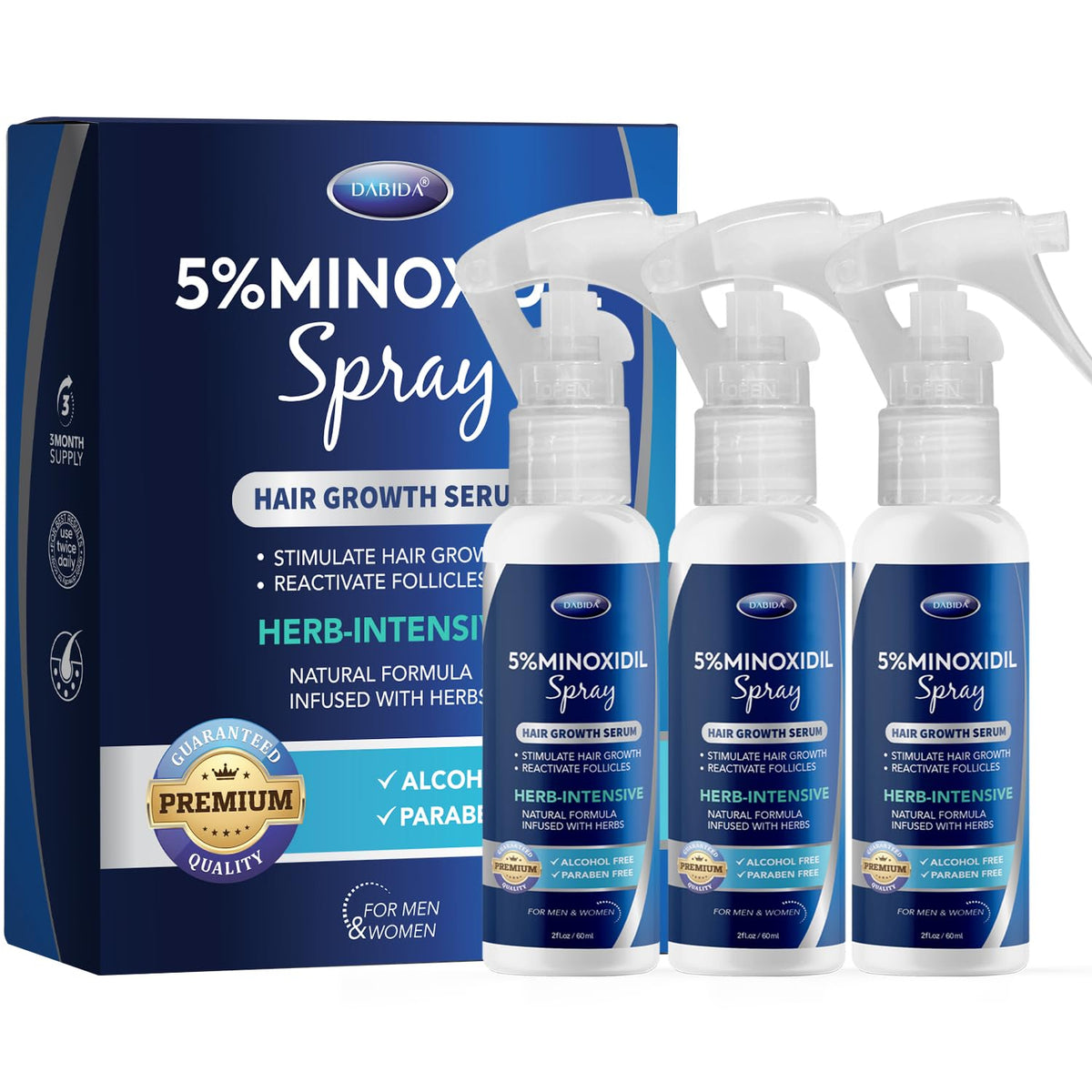 DABIDA minoxidil 5percent bottle showcases targeted thinning-area support.