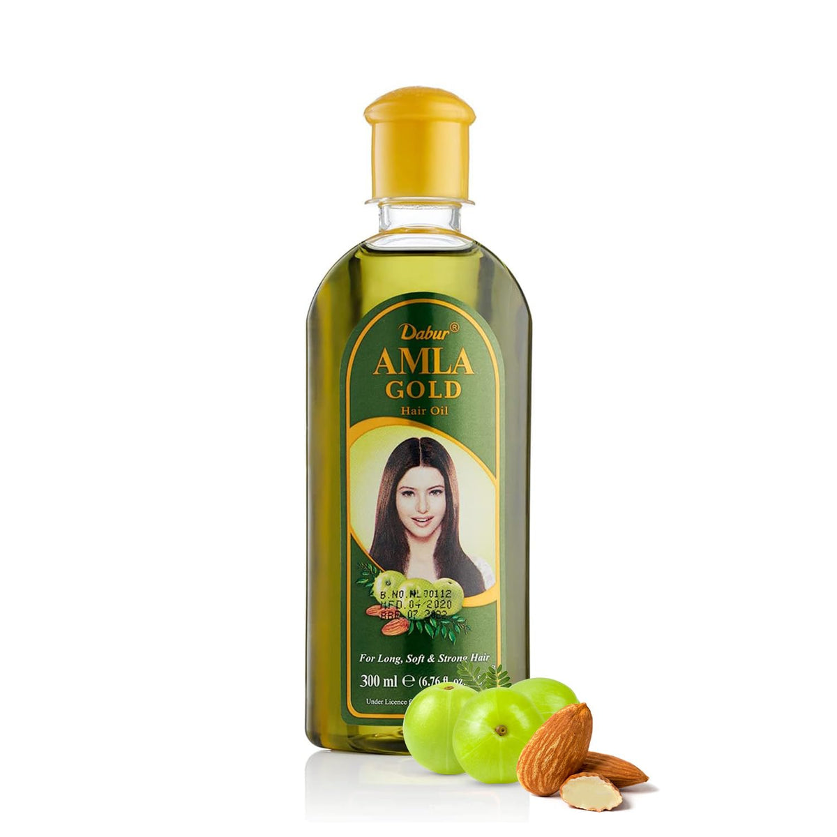 Dabur Vatika Naturals Amla Hair Oil bottle closeup showcases nourishing shine potential.
