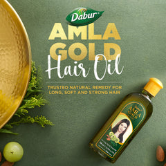 Dabur Vatika Naturals Amla Hair Oil label detail highlights natural ingredients and Ayurvedic heritage.