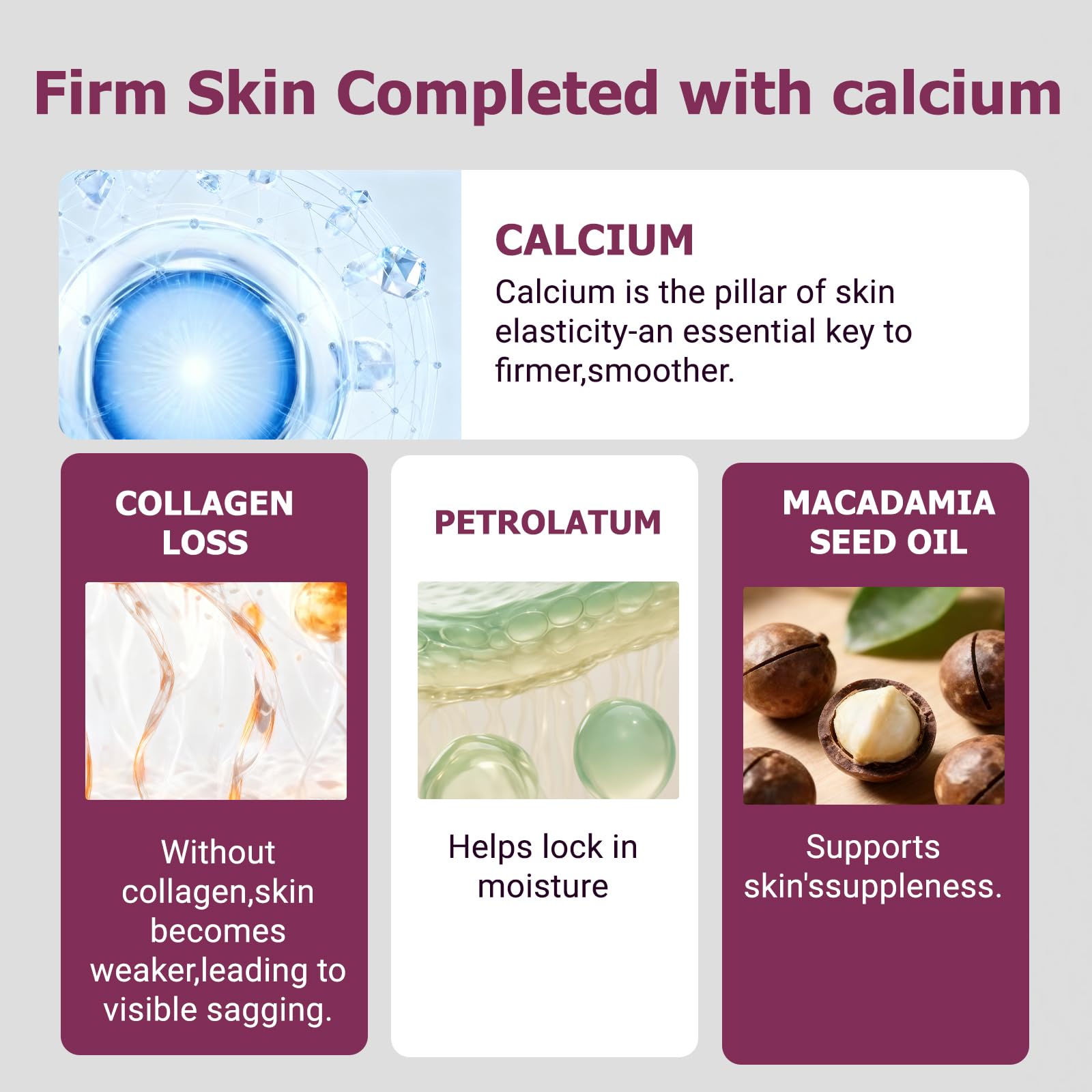 Dactylopius calcium-volume balm stick highlights calcium and collagen benefits for density.