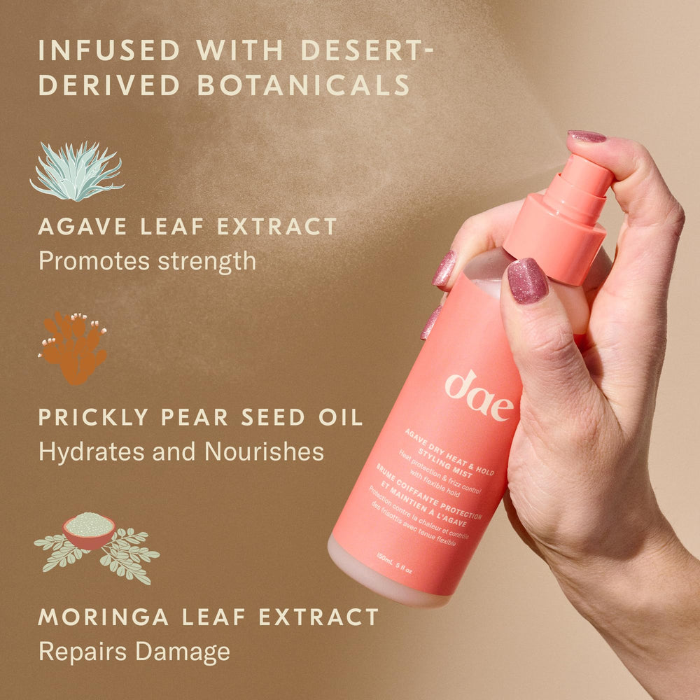 Close up of ultra-fine mist from DAE Agave Dry Heat Protection Spray