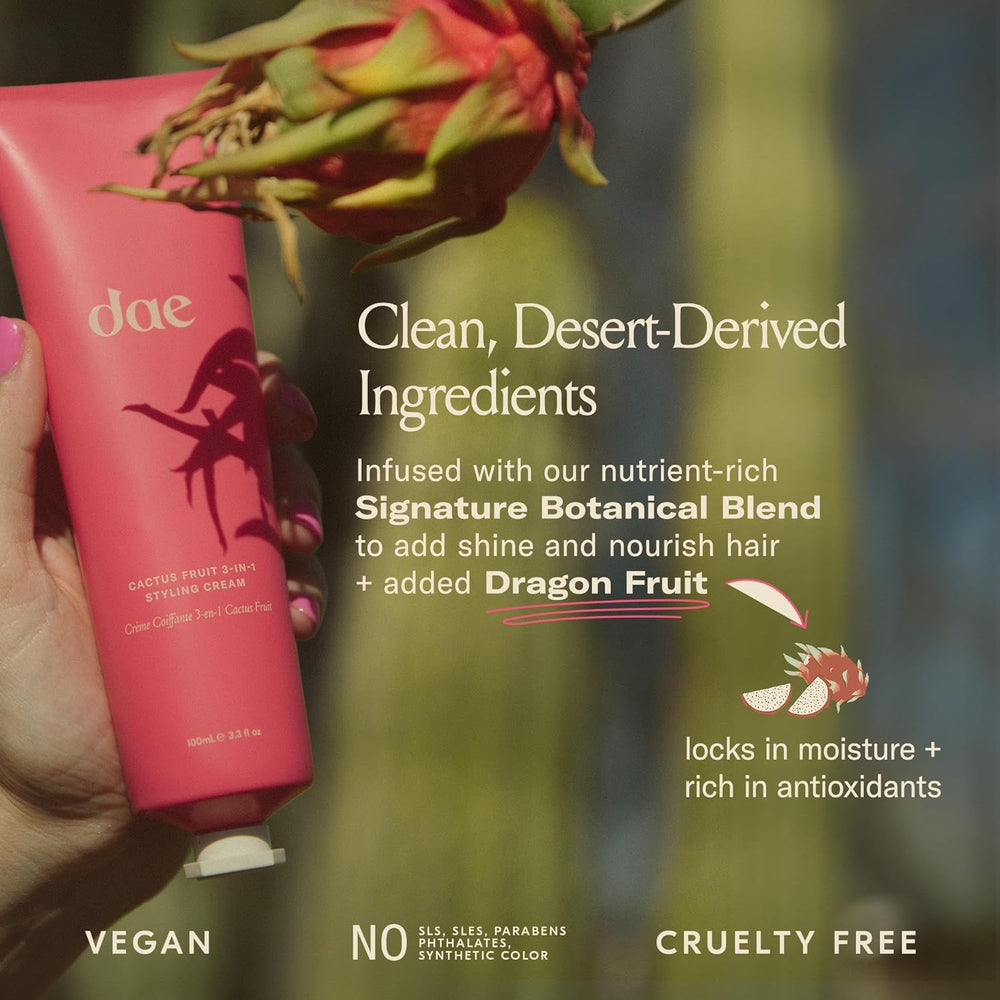 DAE Cactus Fruit 3-In-1 Styling Cream packaging highlights vegan, recyclable design.