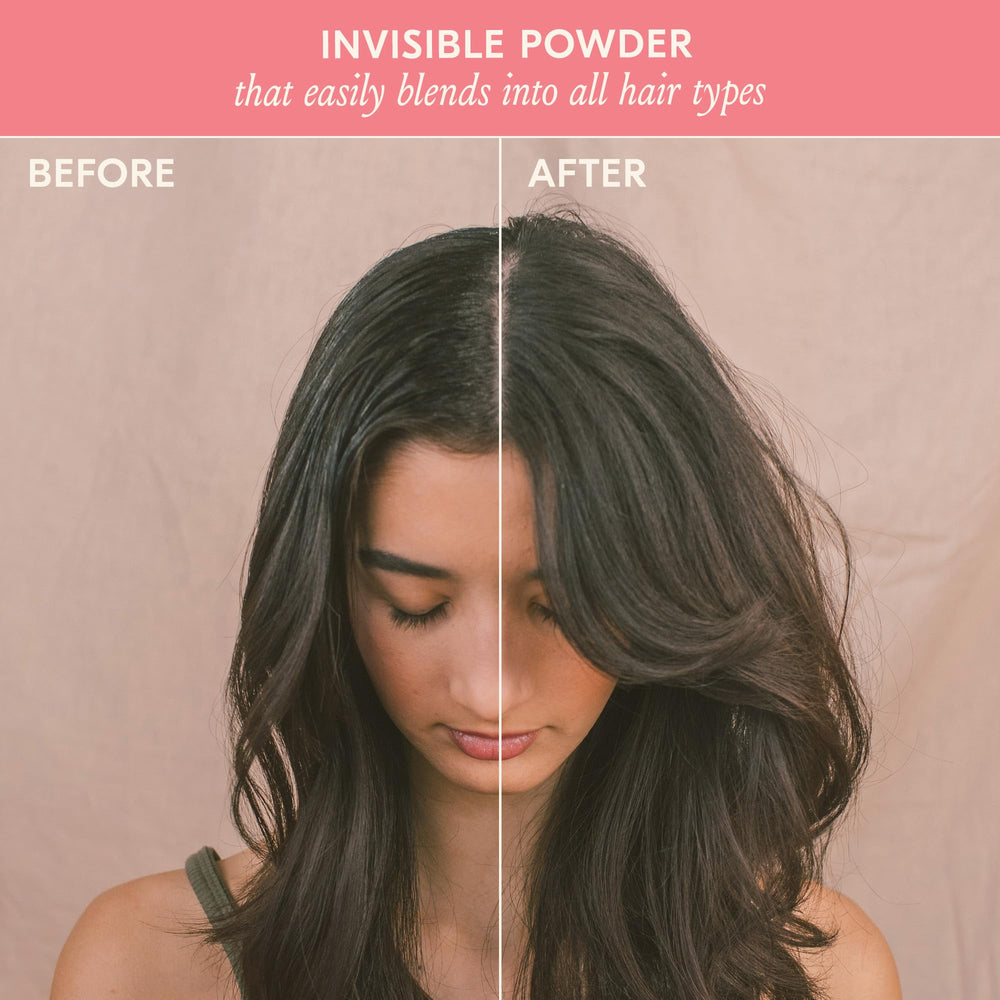 Close-up of DAE Fairy Duster powder texture blending invisibly into hair.