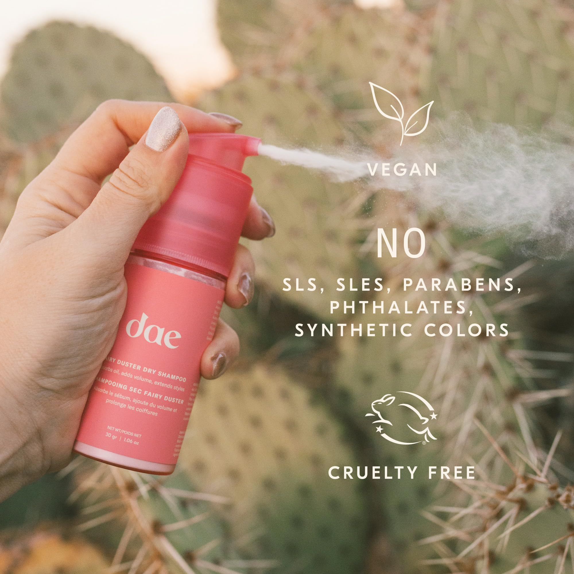Vegan, sulfate-free DAE Fairy Duster packaging emphasizes cruelty-free ethics.