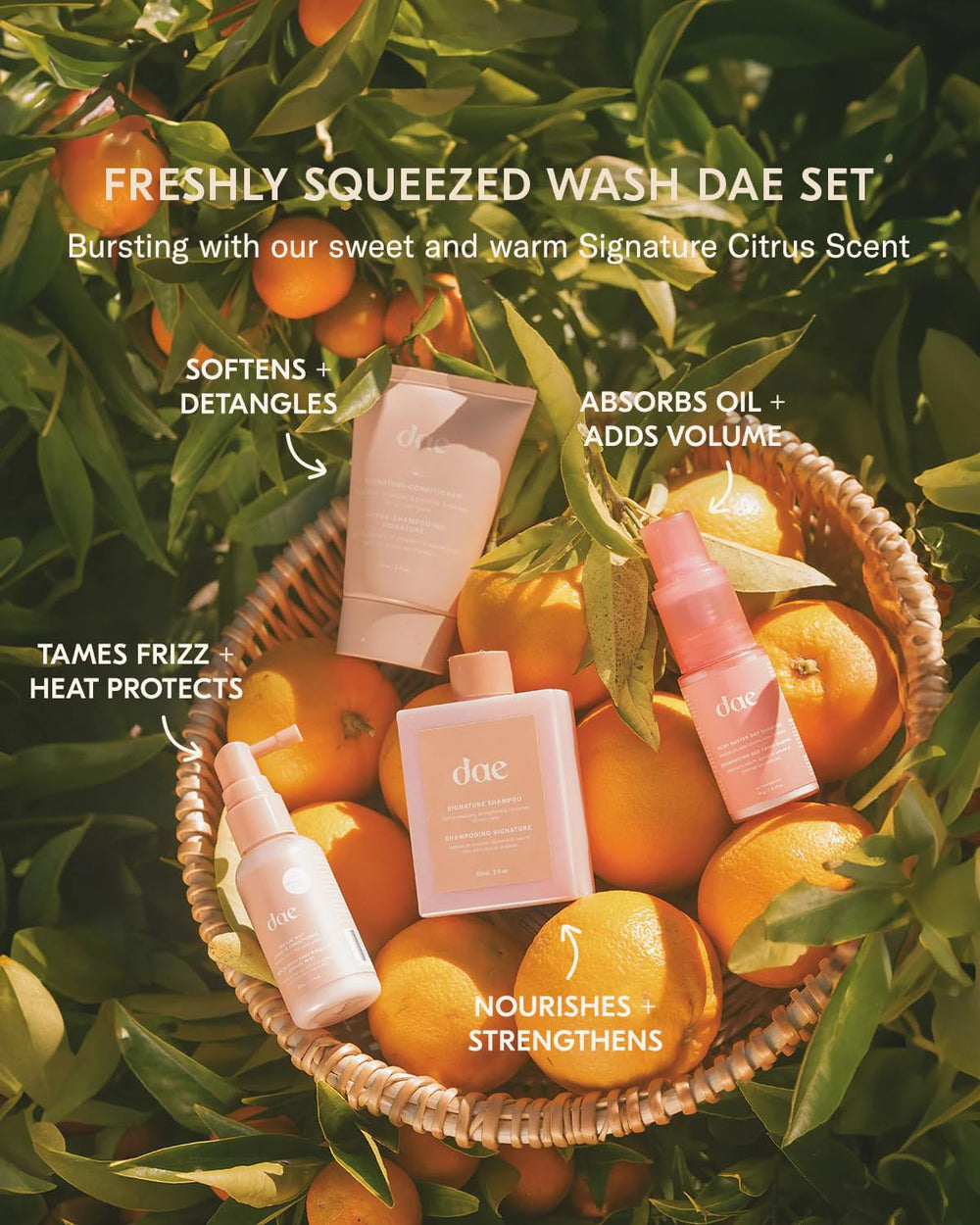 DAE Freshly Squeezed Wash Set bottle pour highlights citrus scent for quick refresh.