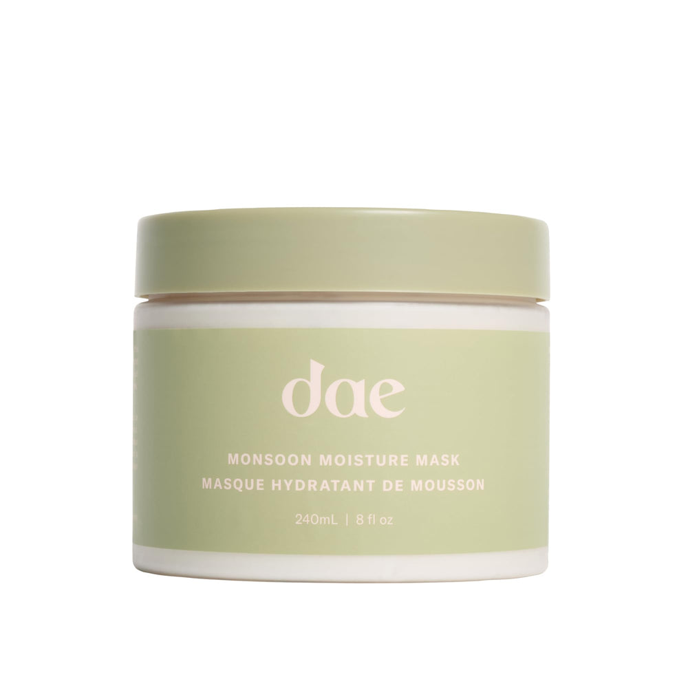 DAE Monsoon Moisture Mask jar front highlights premium hydration for glossy, manageable hair.