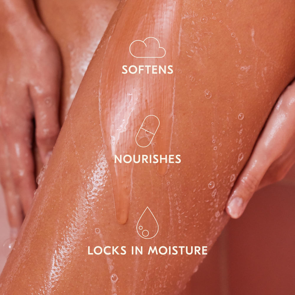Desert Peach, Desert Lime, Wattleseed imagery emphasizes nourishing and softening ingredients