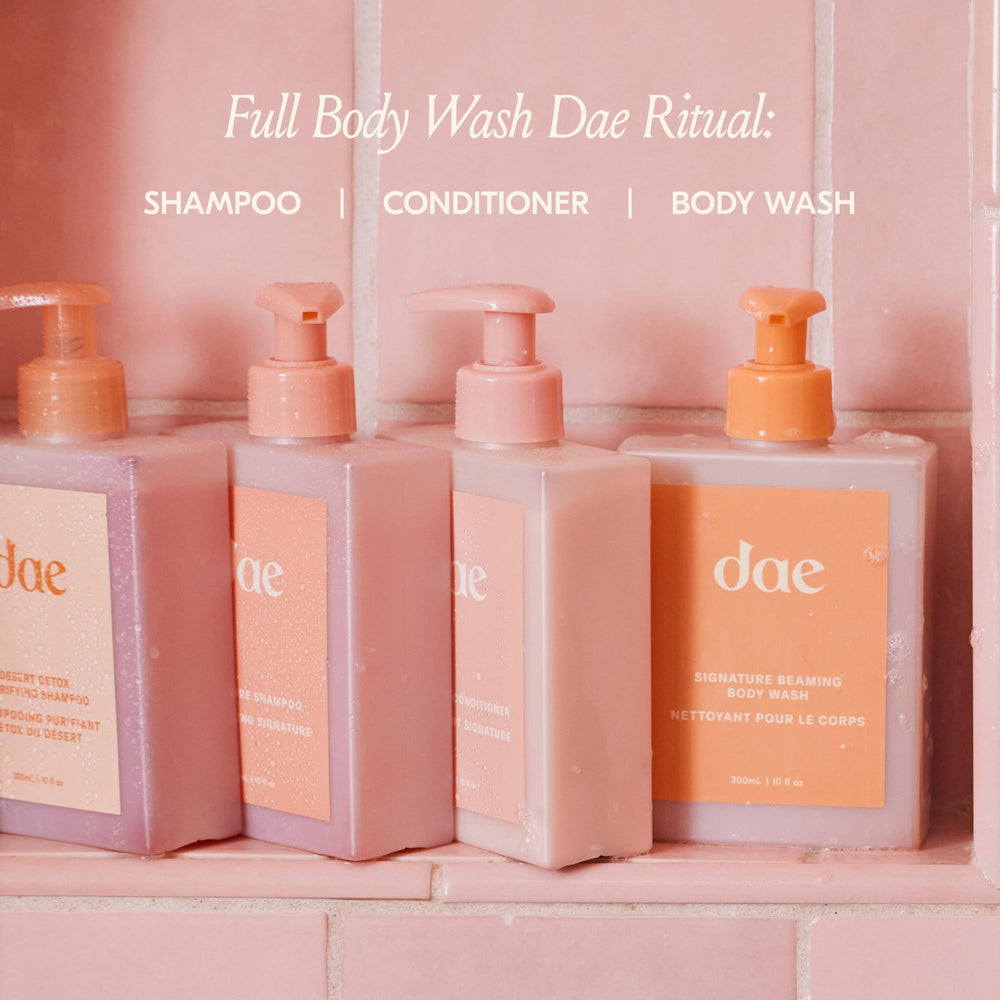 Shower scene with DAE Beaming Body Wash in a bright, easy-to-use bottle