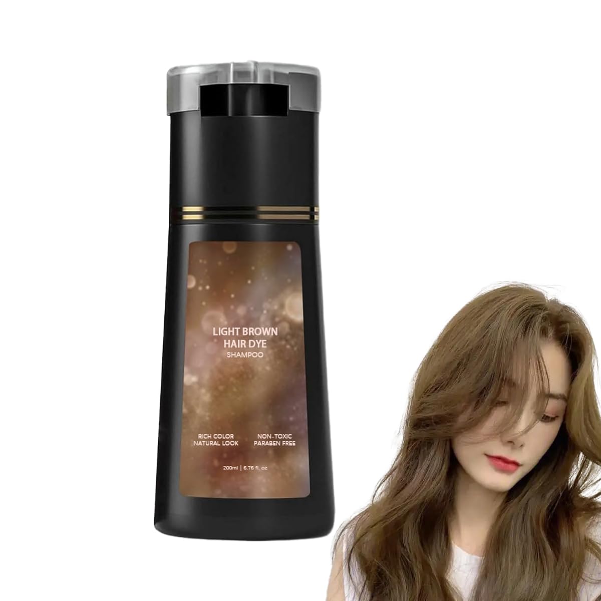 DafPrauy hair-dye-shampoo bottle pour illustrates quick light brown color.