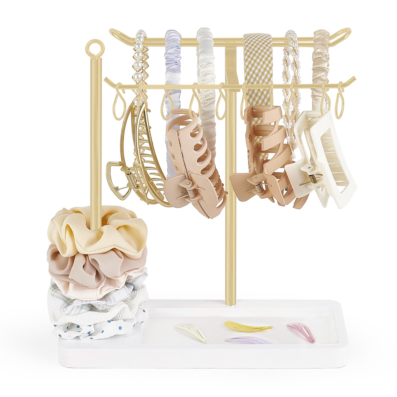 Dahey headband holder front view in gold for sleek vanity organization.