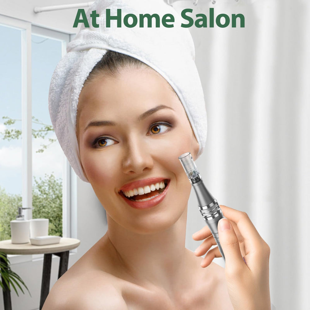 DAHOZE DermaStamp face-application scene illustrating easy at-home treatment