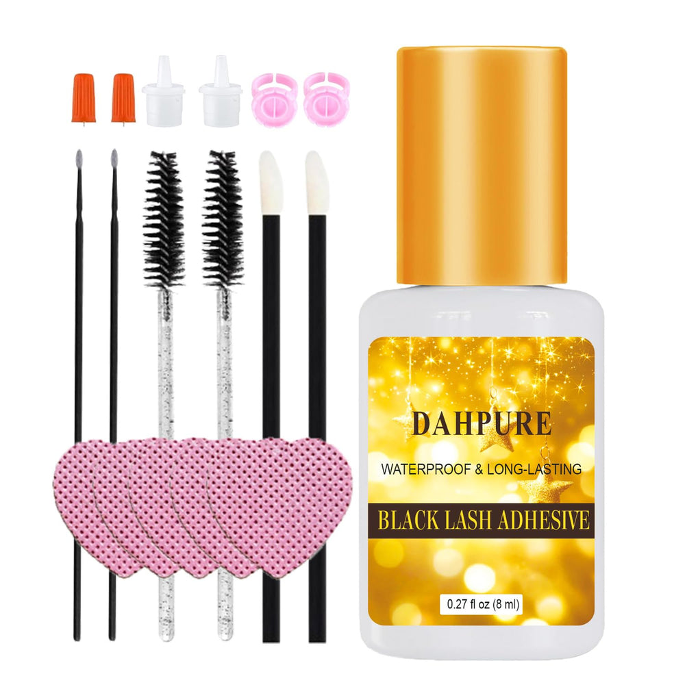 DAHPURE cluster lash glue packaging shows a sleek bottle for long-lasting eyelash extensions
