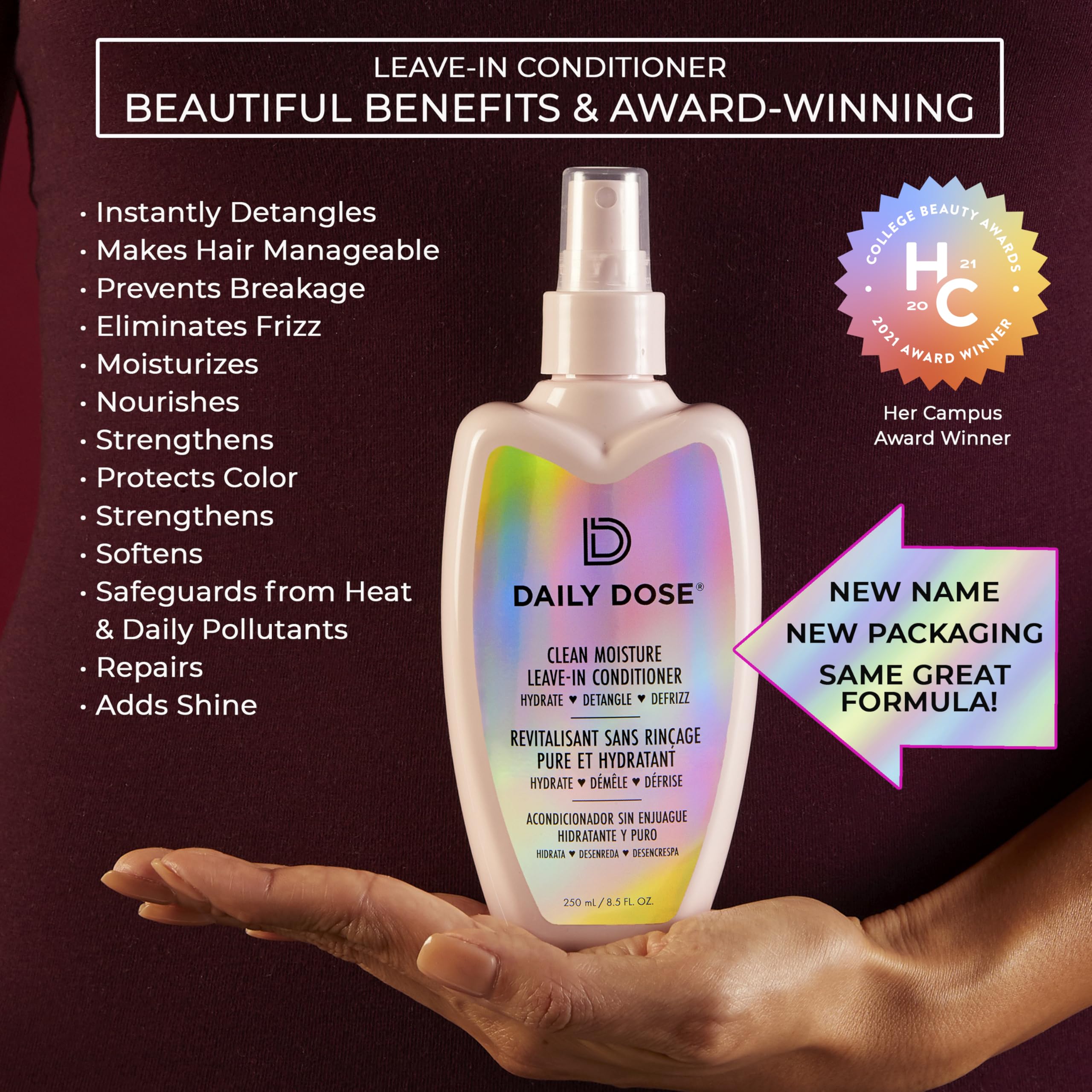 Daily Dose leave-in conditioner mist being applied to damp hair for detangling.