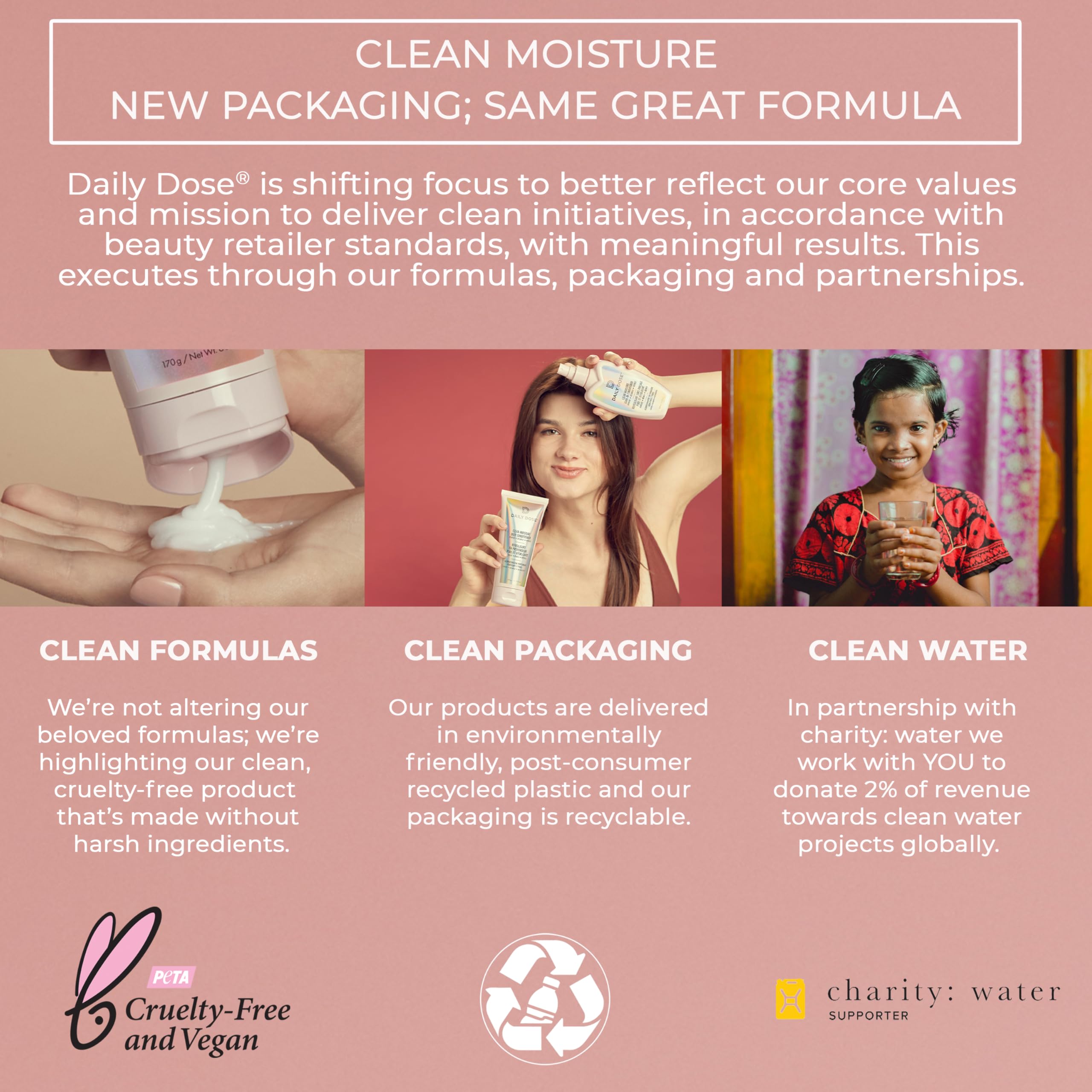Daily Dose protein-free formula highlights gentle daily hydration with no residue.
