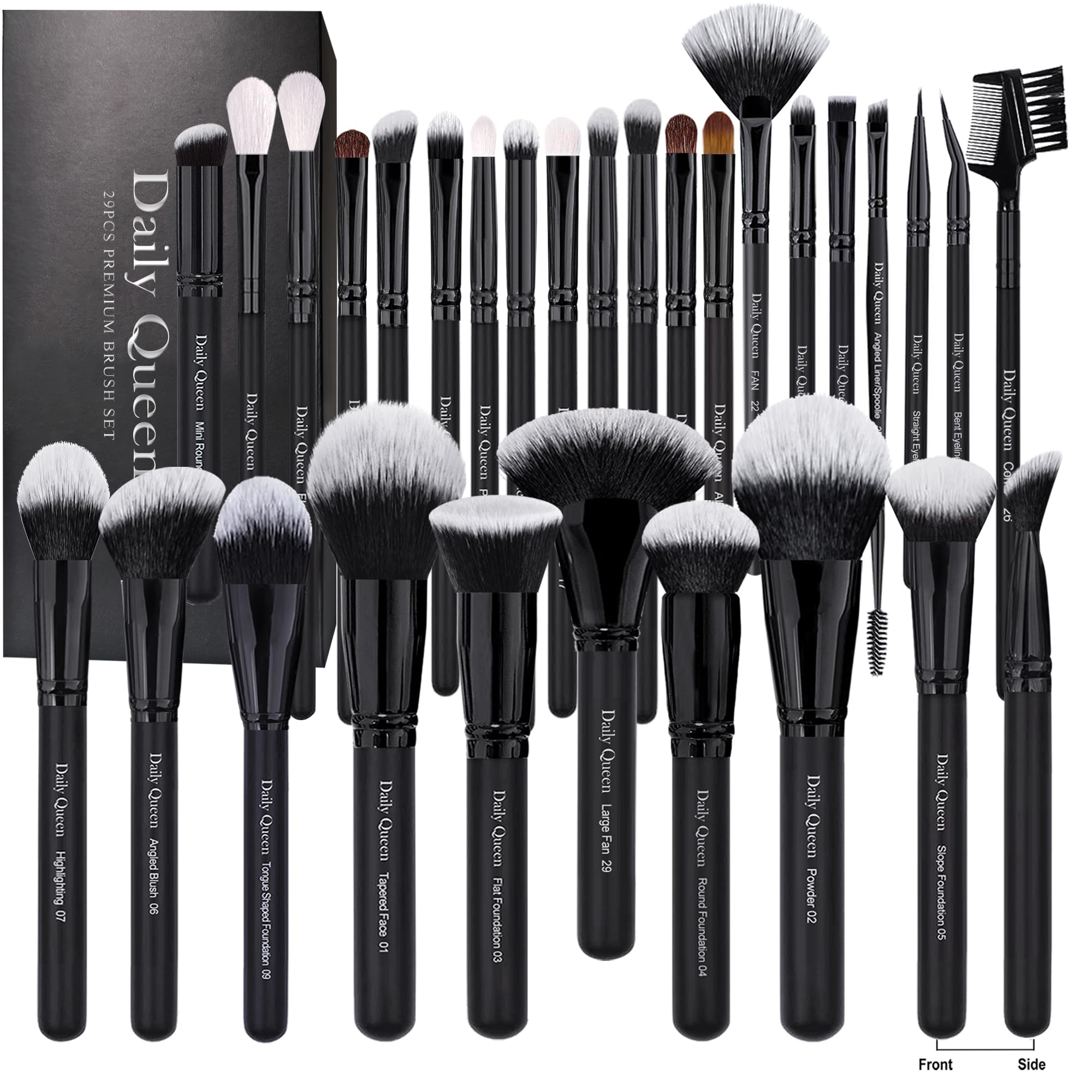 Daily Queen 29pcs brush set wide shot shows versatile kit for pro-level eye and face makeup.