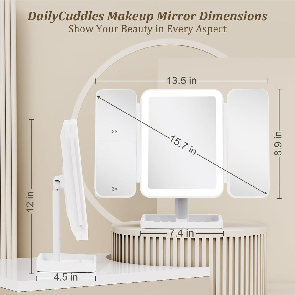 DailyCuddles tri-fold vanity saves space for compact bathrooms and desks