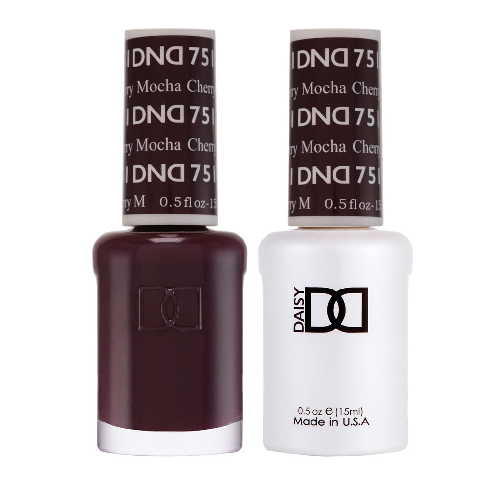 Daisy DND 751 Cherry Mocha gel bottle showing rich brown shade for long wear.