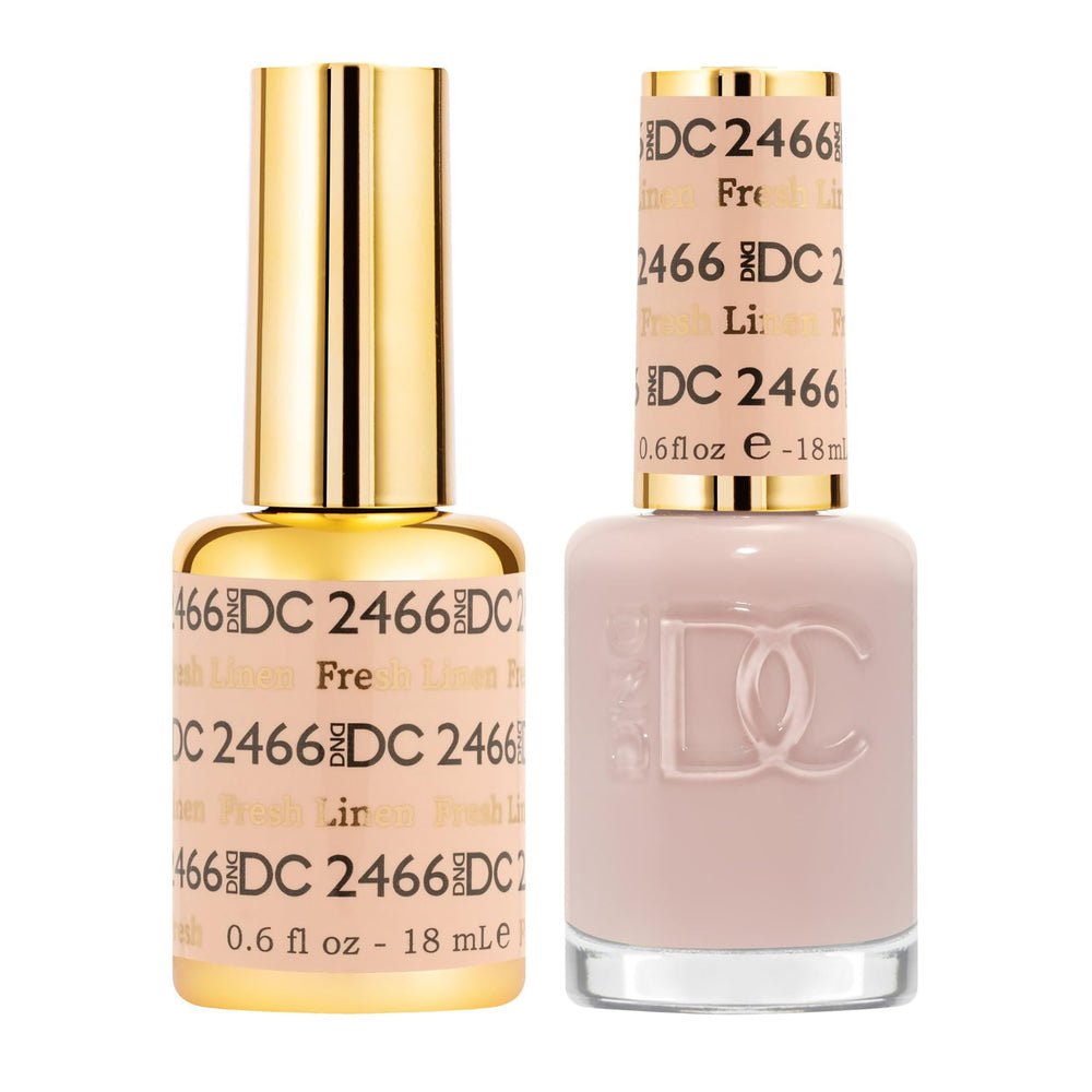 DAISY DND DC gel polish 2466 Fresh Linen bottle close-up showing sheer off-white pink finish.